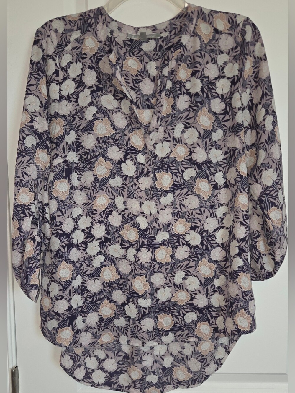 Daniel Rainn Floral Split Neck Roll Tab Sleeve Blouse High Low Hem Medium